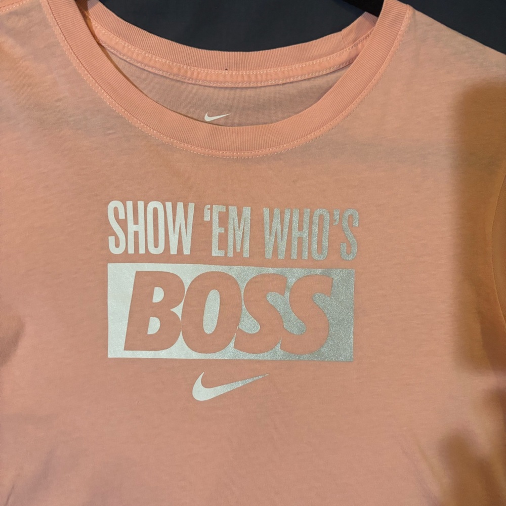 Nike t-shirt. Girls size XL. Light peach color with silver words